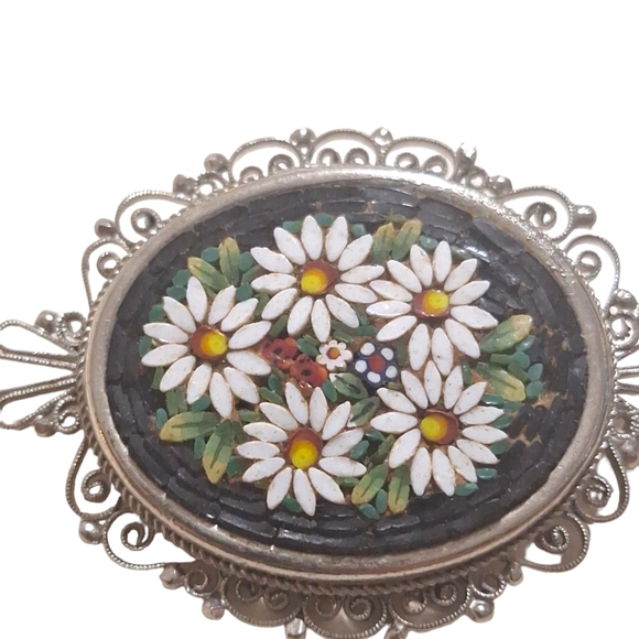 Vtg Micro Mosaic Silver Tone Oval Daisy Brooch Marked Italy 2 1/4" - Picture 5 of 6